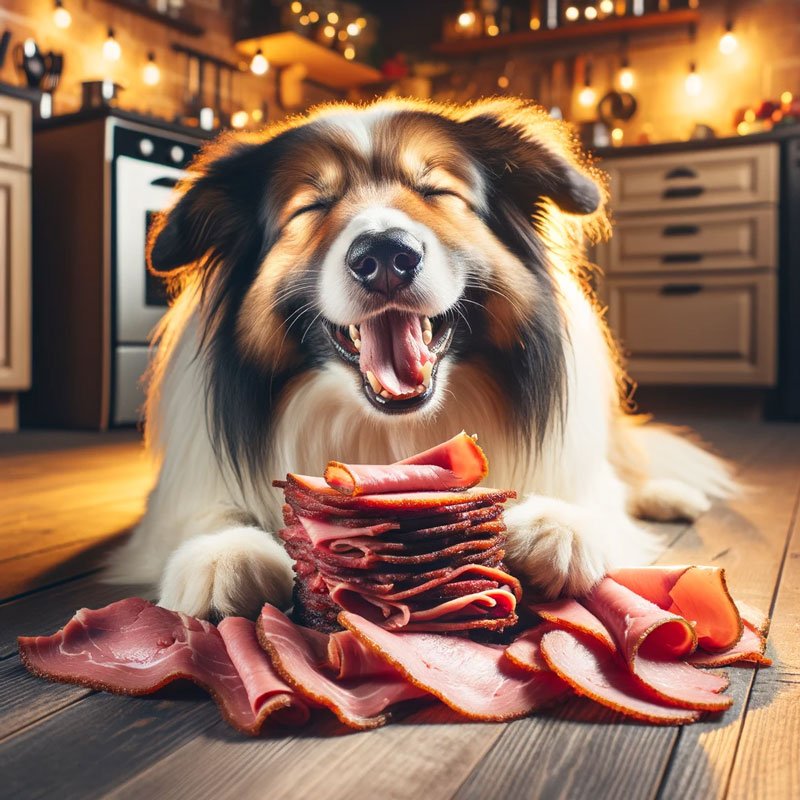 dog eating pastrami