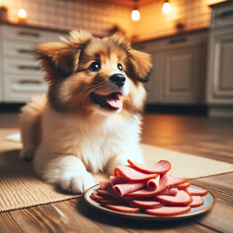 dog preparing to eat pastrami