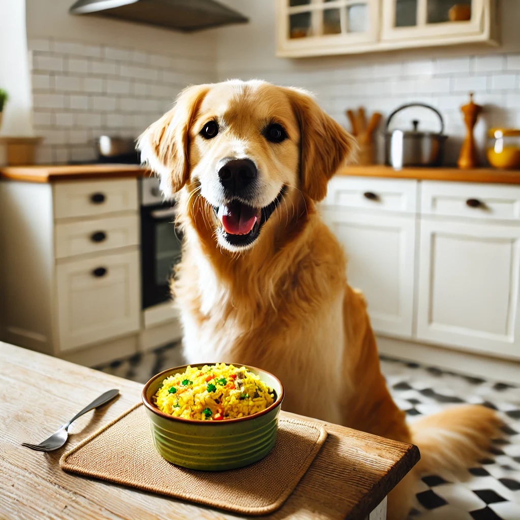 golden retriever eating yellow rice 